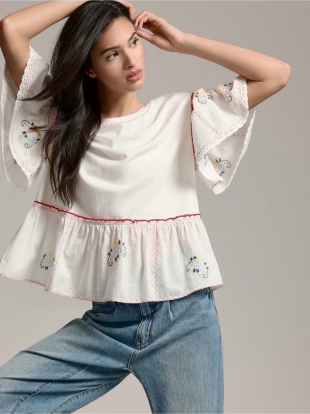 Anthropologie White Peplum Top Sz XS Boho Floral Embroidered Ruffle Sleeve Cottn